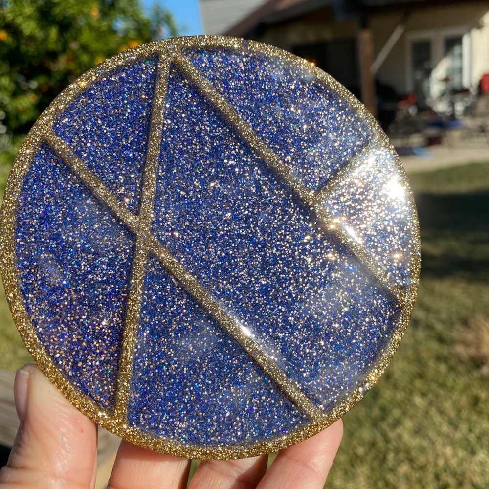 2 gorgeous unique gold and blue sparkly coasters